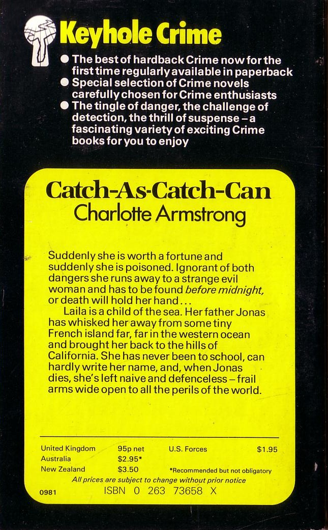 Charlotte Armstrong  CATCH-AS-CATCH CAN magnified rear book cover image