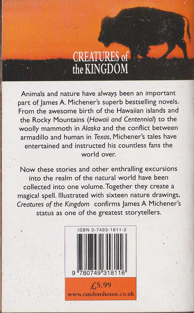 James A. Michener  CREATURES OF THE KINGDOM. Stories of Animals and Nature magnified rear book cover image
