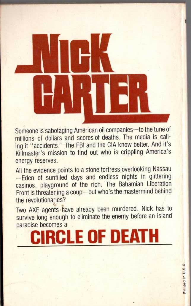 Nick Carter  TROUBLE IN PARADISE magnified rear book cover image