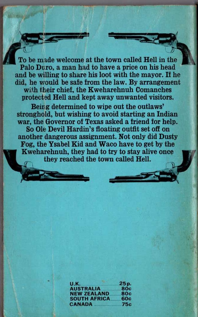 J.T. Edson  HELL IN THE PALO DURO magnified rear book cover image