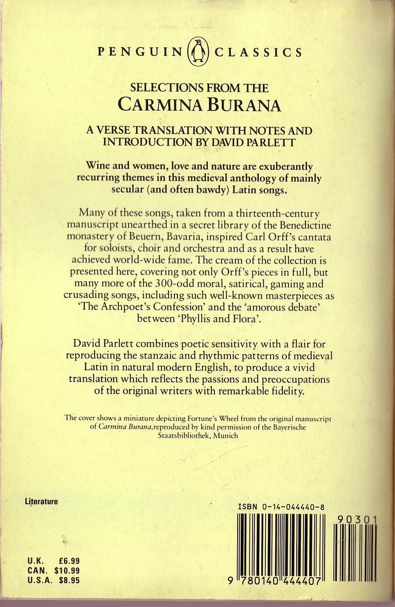 SELECTIONS FROM THE CARMINA BURANA magnified rear book cover image