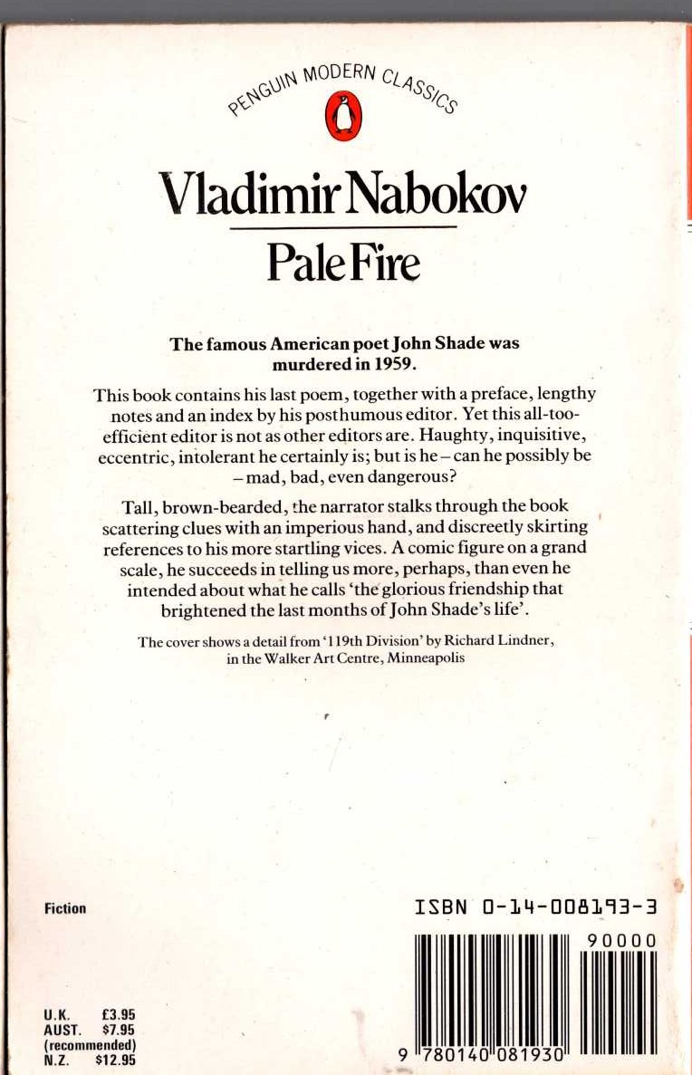 Vladimir Nabokov  PALE FIRE magnified rear book cover image