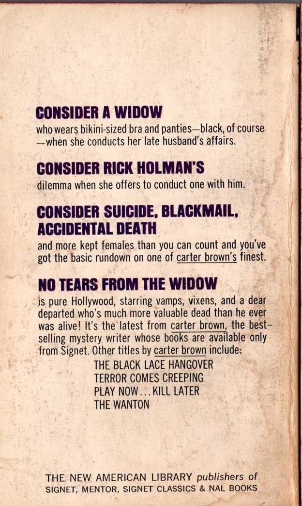 Carter Brown  NO TEARS FROM THE WIDOW magnified rear book cover image