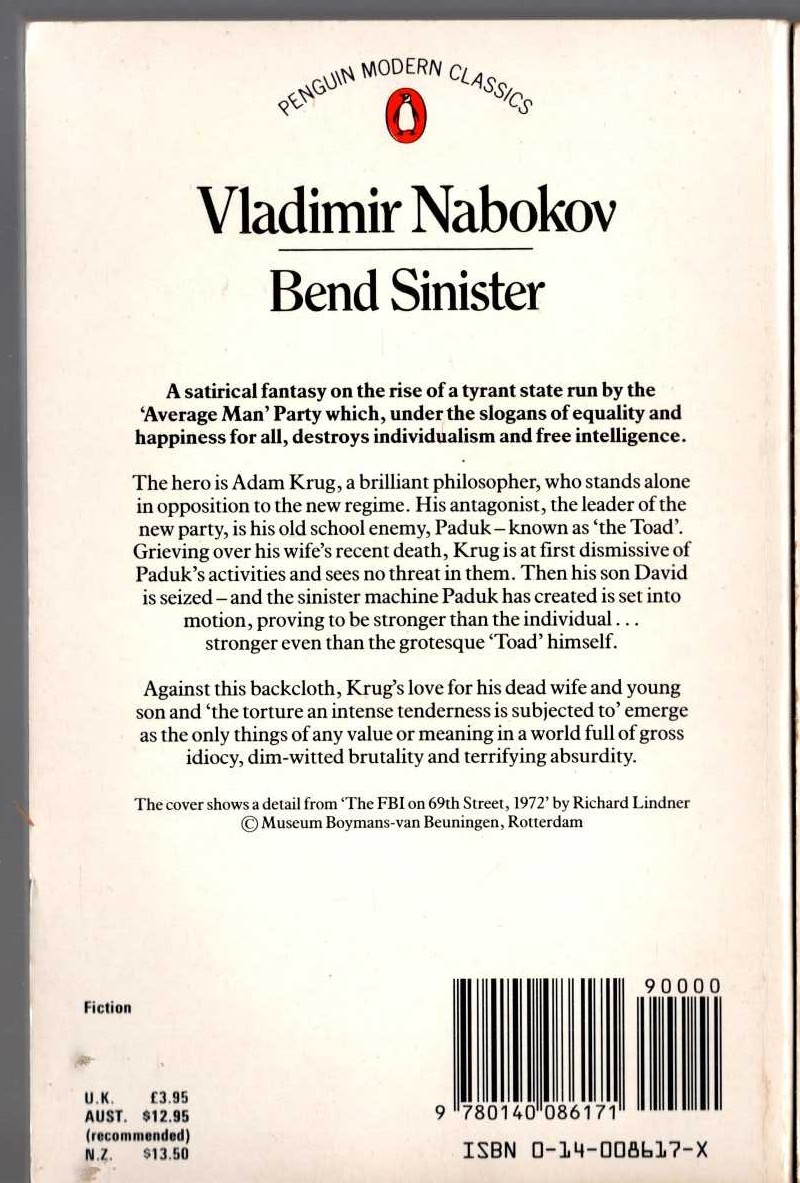 Vladimir Nabokov  BEND SINISTER magnified rear book cover image
