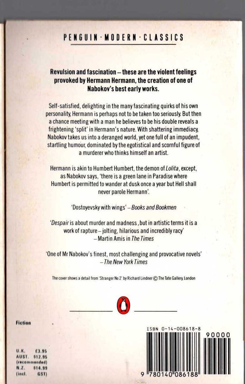Vladimir Nabokov  DESPAIR magnified rear book cover image