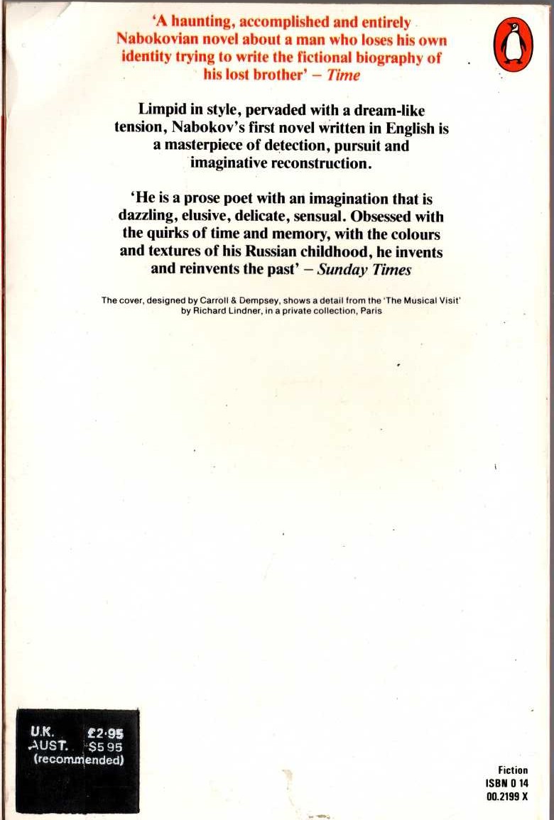 Vladimir Nabokov  THE REAL LIFE OF SEBASTIAN KNIGHT magnified rear book cover image
