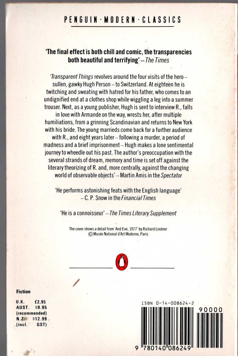 Vladimir Nabokov  TRANSPARENT THINGS magnified rear book cover image