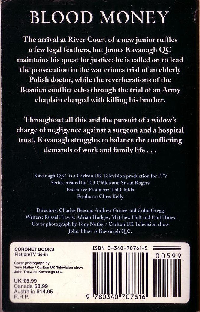 Shirley Lowe  KAVANAGH Q.C.: BLOOD MONEY (John Thaw) magnified rear book cover image