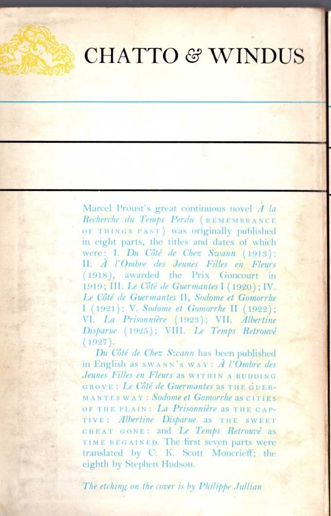 Marcel Proust  CITIES OF THE PLAIN. Part One magnified rear book cover image