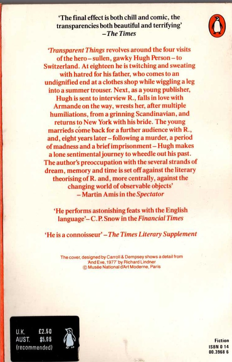 Vladimir Nabokov  TRANSPARENT THINGS magnified rear book cover image