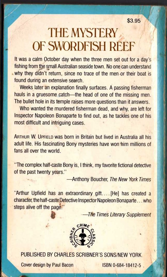 Arthur Upfield  THE MYSTERY OF SWORDFISH REEF magnified rear book cover image