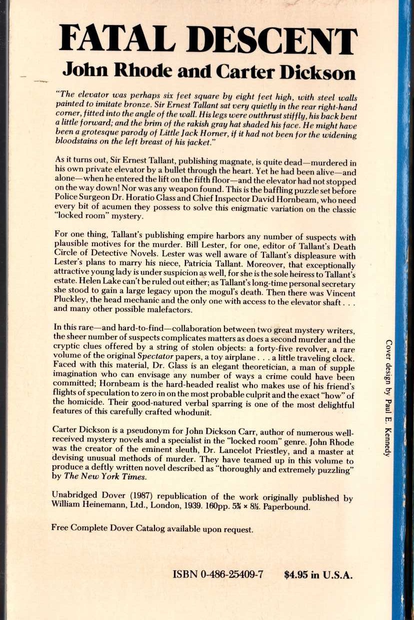 (Carter Dickson & John Rhode) FATAL DESCENT magnified rear book cover image