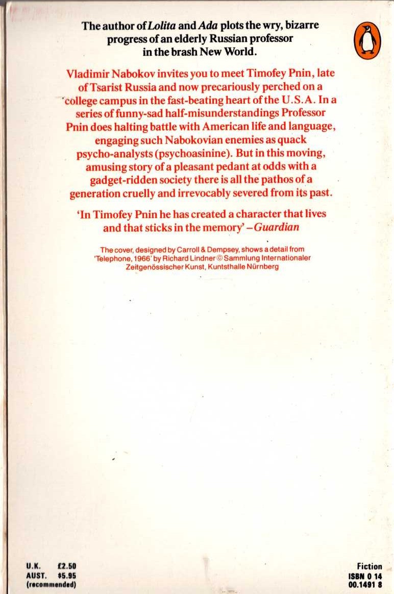 Vladimir Nabokov  PNIN magnified rear book cover image