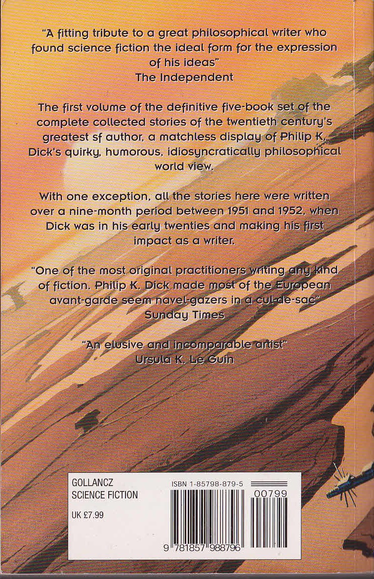 Philip K. Dick  BEYOND LIES THE WUB. Volume One of The Collected Stories magnified rear book cover image
