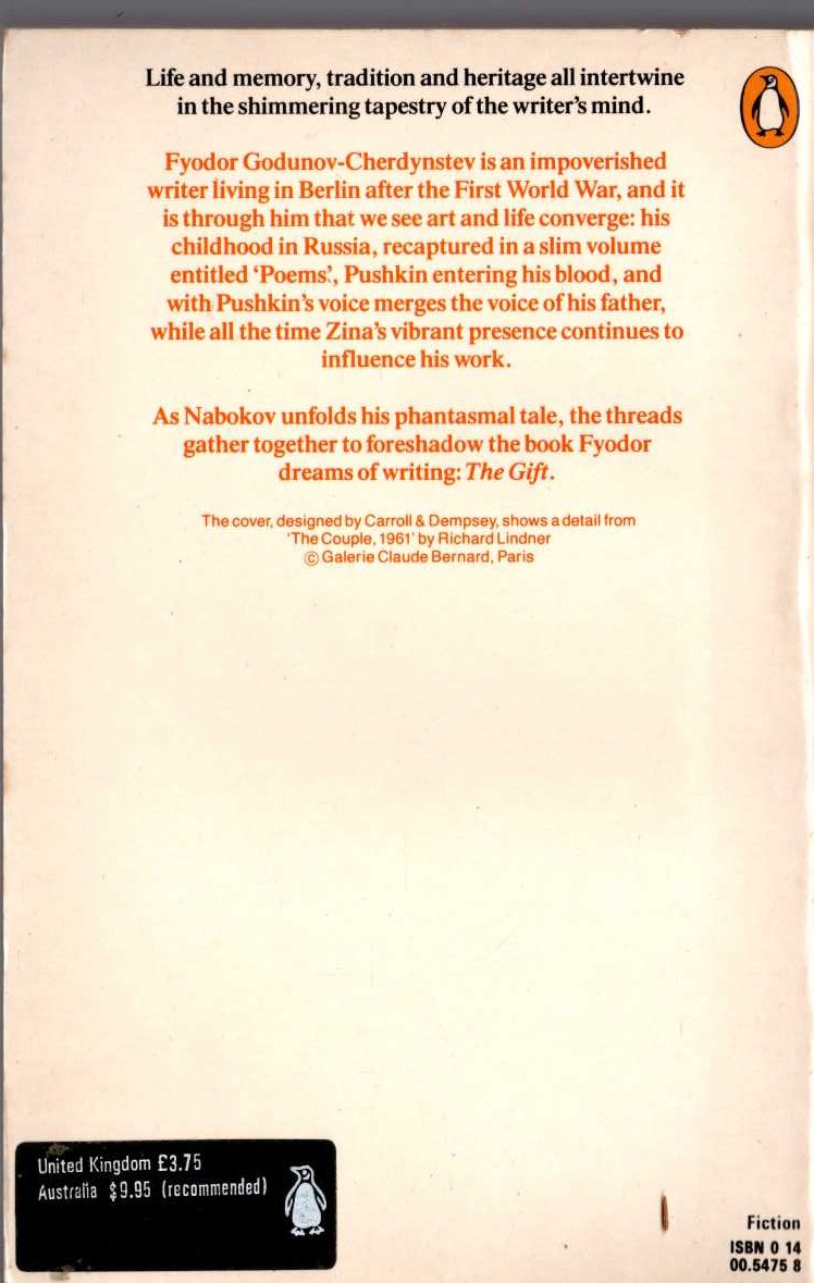 Vladimir Nabokov  THE GIFT magnified rear book cover image