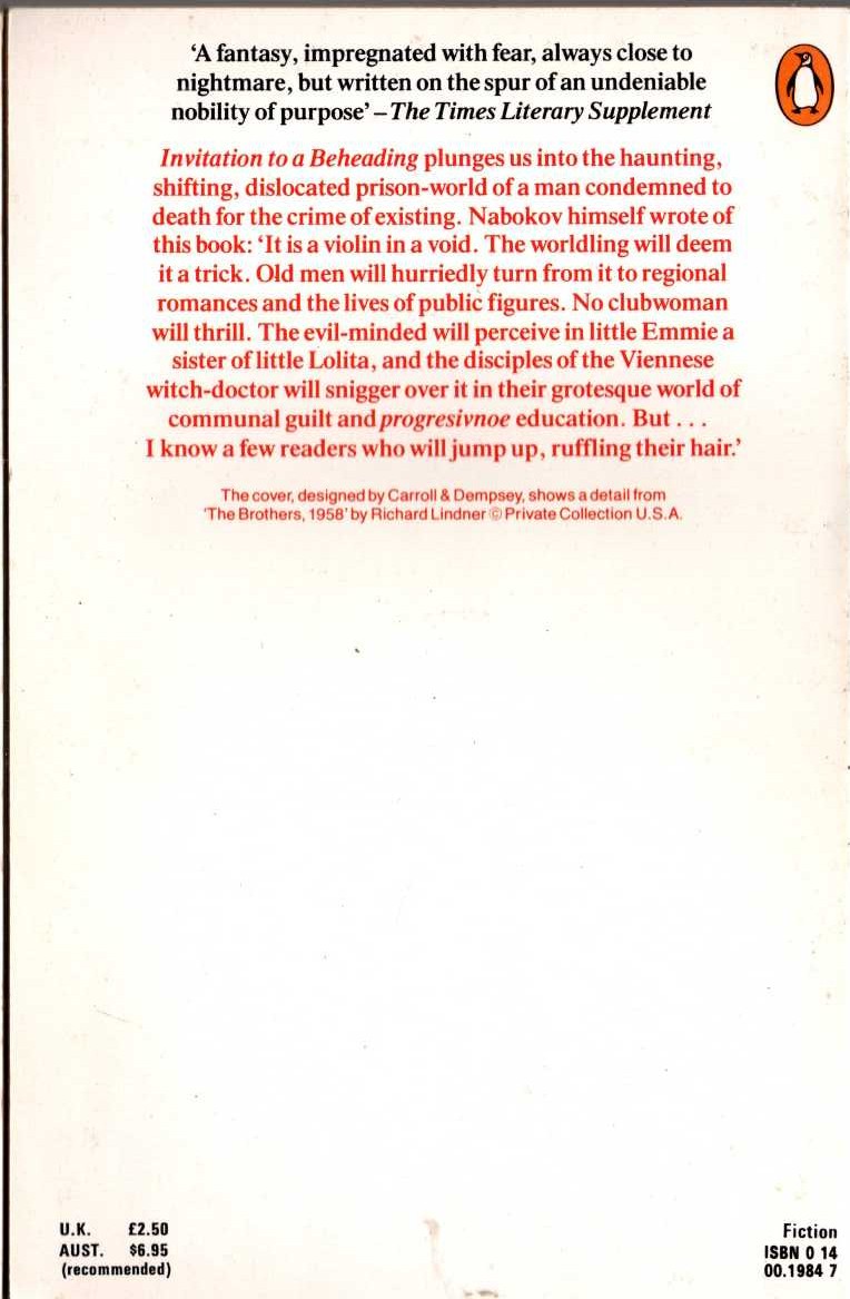 Vladimir Nabokov  INVITATION TO A BEHEADING magnified rear book cover image