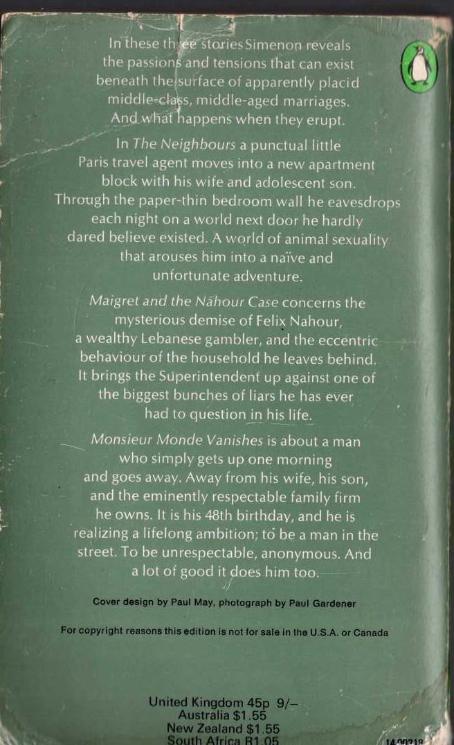 Georges Simenon  THE FIRST SIMENON OMNBUS: THE NEIGHBOURS/ MAIGRET & THE NAHOUR CASE/ MONSIEUR MONDE VANISHES magnified rear book cover image