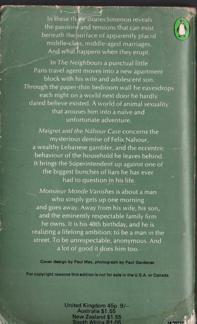 Georges Simenon  THE FIRST SIMENON OMNBUS: THE NEIGHBOURS/ MAIGRET & THE NAHOUR CASE/ MONSIEUR MONDE VANISHES magnified rear book cover image