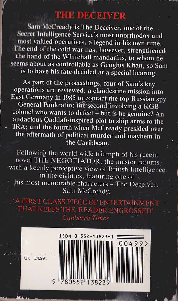 Frederick Forsyth  THE DECEIVER magnified rear book cover image