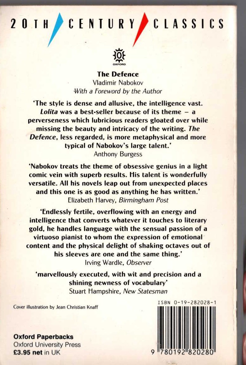 Vladimir Nabokov  THE DEFENCE magnified rear book cover image