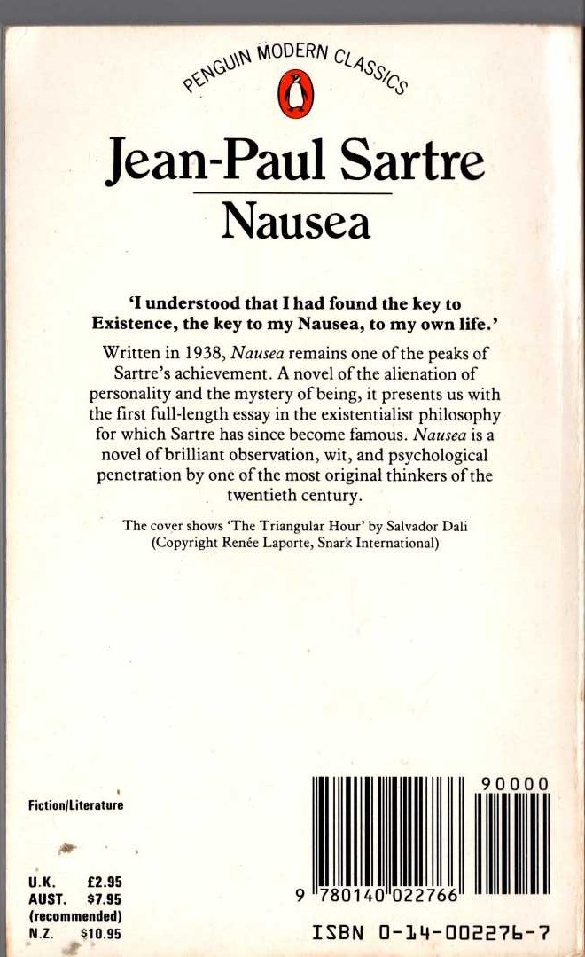 Jean-Paul Sartre  NAUSEA magnified rear book cover image