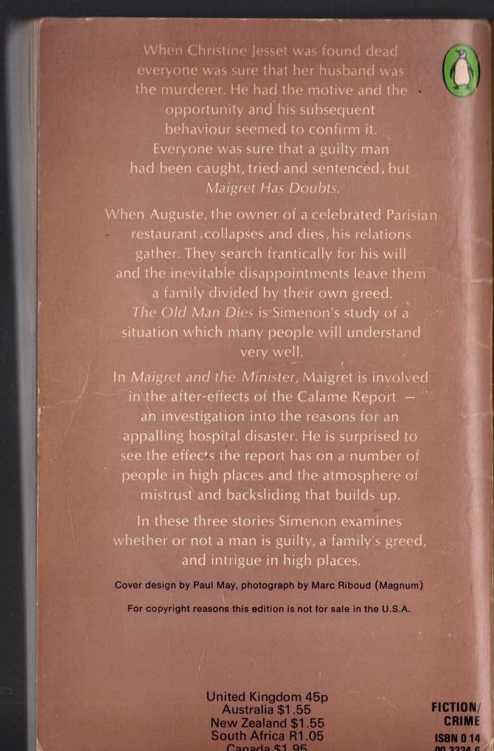 Georges Simenon  THE THIRD SIMENON OMNIBUS: MAIGRET HAS DOUBTS/ MAIGRET & THE MINISTER/ THE OLD MAN DIES magnified rear book cover image