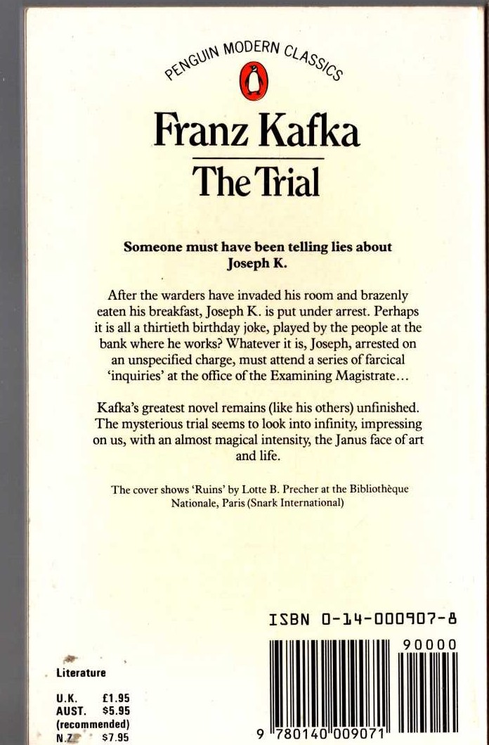 Franz Kafka  THE TRIAL magnified rear book cover image