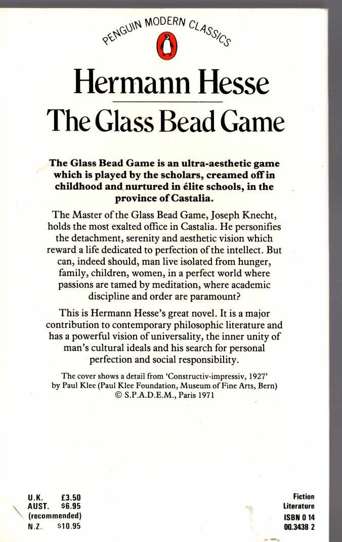 Hermann Hesse  THE GLASS BEAD GAME magnified rear book cover image