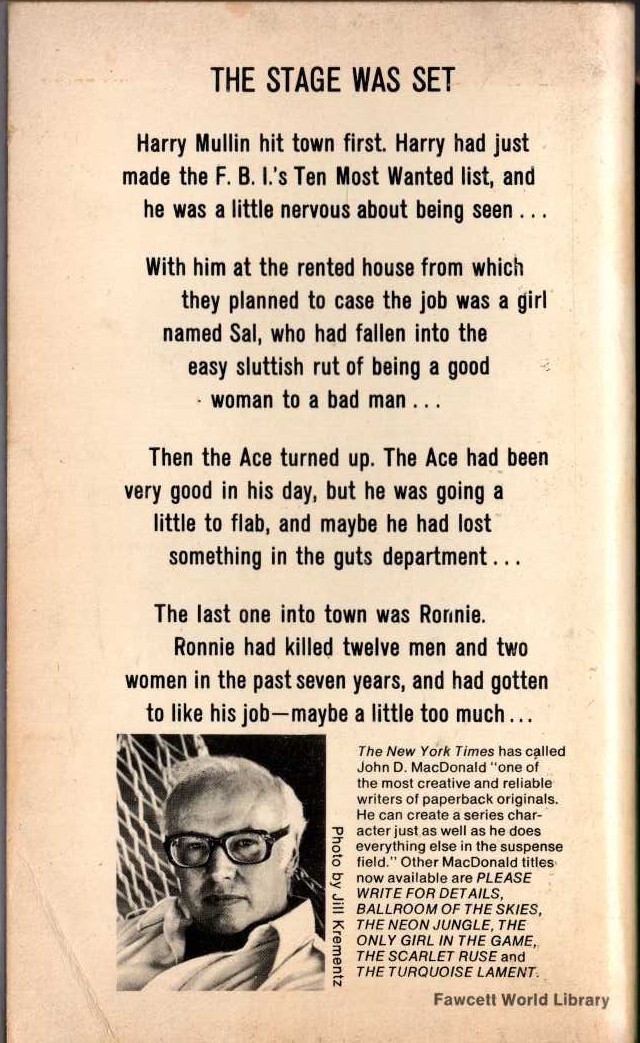 John D. MacDonald  APRIL EVIL magnified rear book cover image