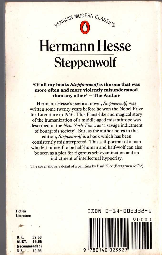 Hermann Hesse  STEPPENWOLF magnified rear book cover image