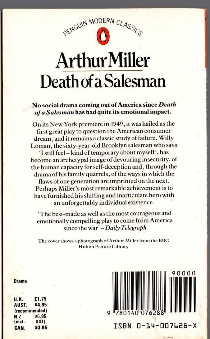 Arthur Miller  DEATH OF A SALESMAN magnified rear book cover image