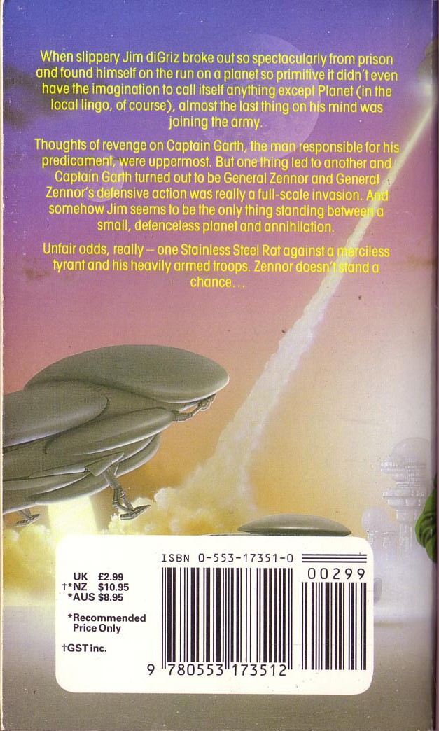 Harry Harrison  THE STAINLESS STEEL RAT GETS DRAFTED magnified rear book cover image