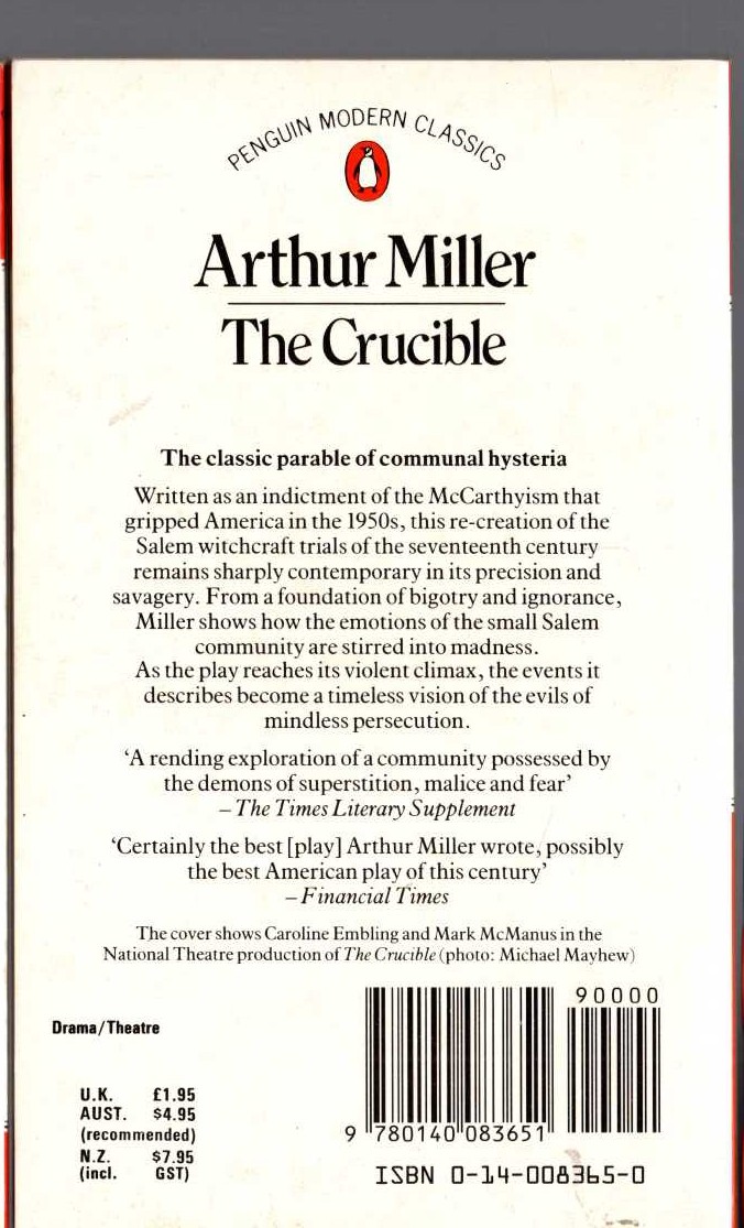 Arthur Miller  THE CRUCIBLE magnified rear book cover image