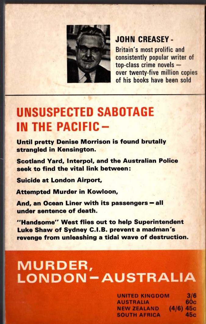 John Creasey  MURDER, LONDON - AUSTRALIA magnified rear book cover image