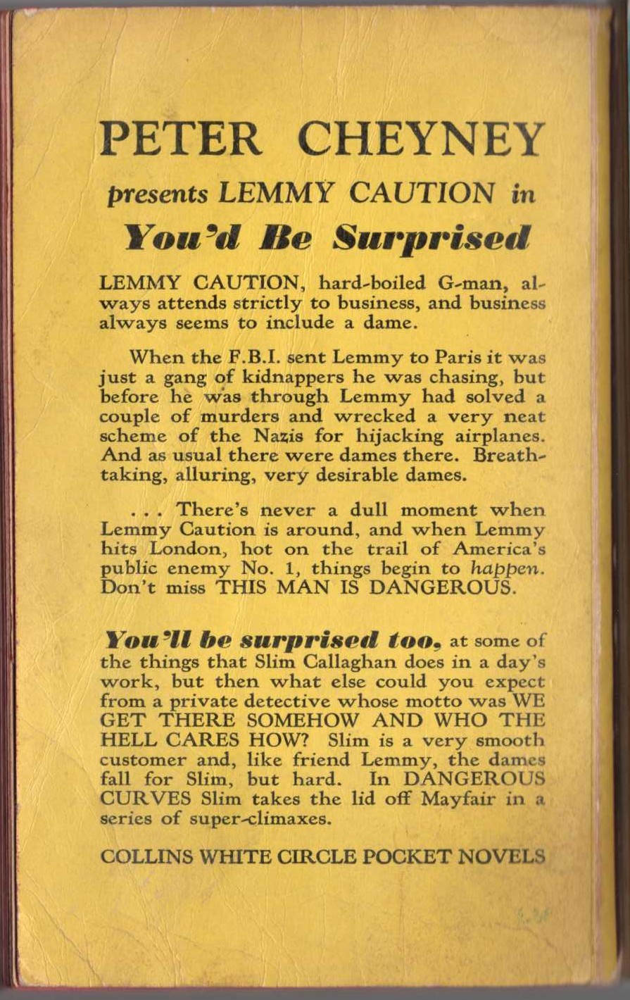 Peter Cheyney  YOU'D BE SURPRISED magnified rear book cover image