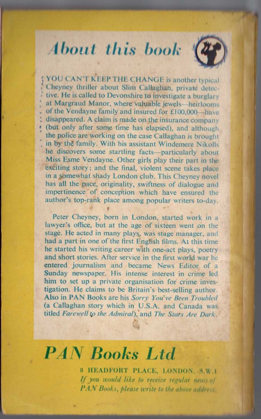 Peter Cheyney  YOU CAN'T KEEP THE CHANGE magnified rear book cover image