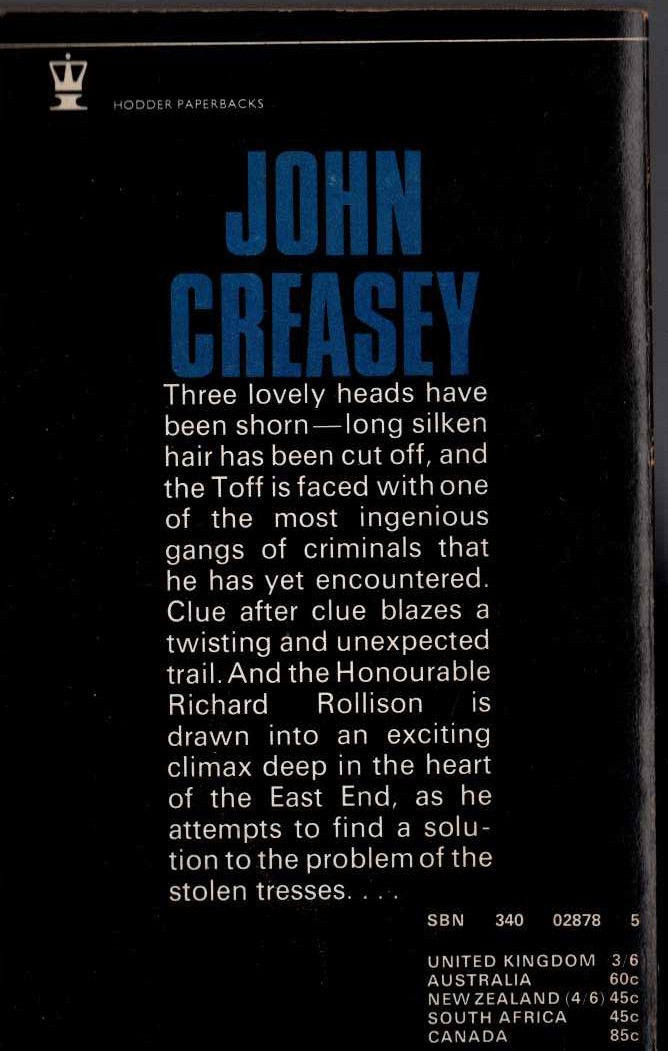 John Creasey  THE TOFF AND THE STOLEN TRESSES magnified rear book cover image