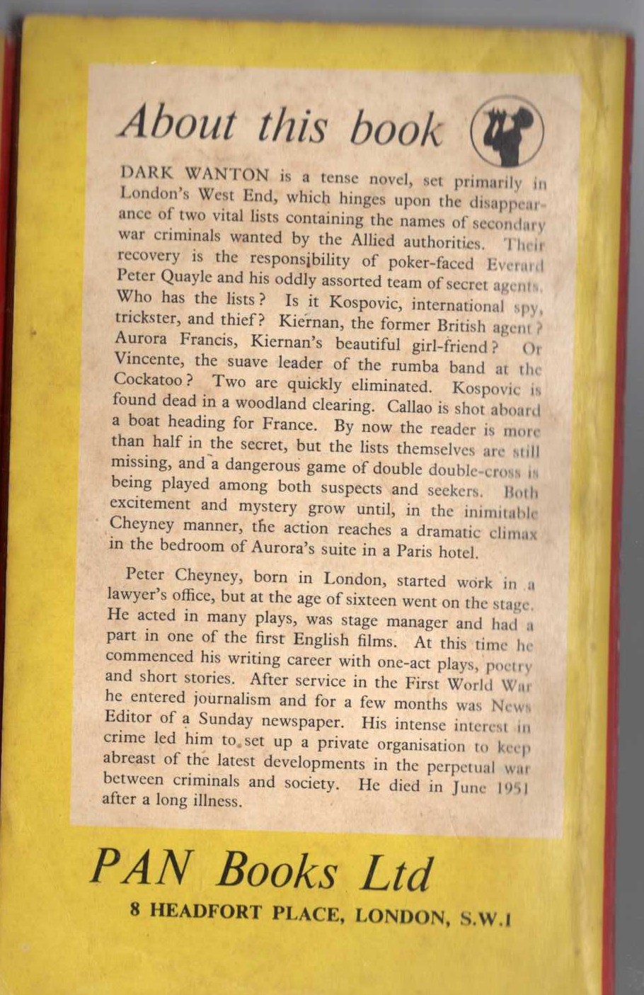 Peter Cheyney  DARK WANTON magnified rear book cover image
