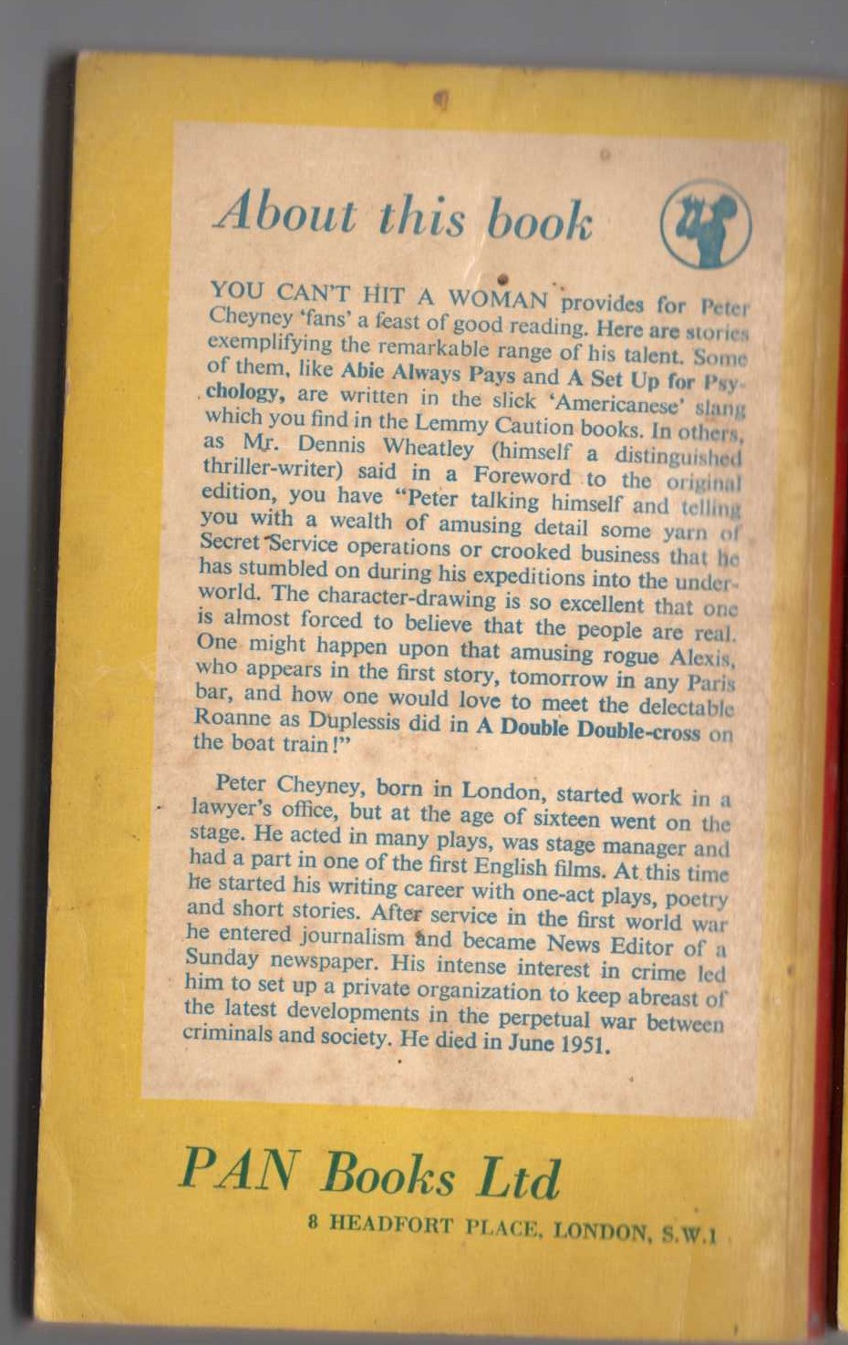 Peter Cheyney  YOU CAN'T HIT A WOMAN magnified rear book cover image
