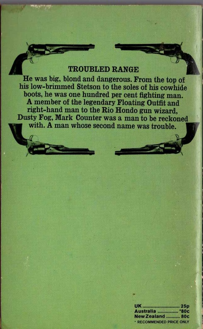 J.T. Edson  TROUBLED RANGE magnified rear book cover image