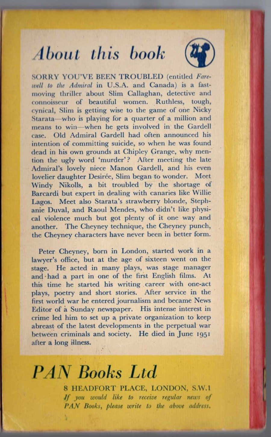 Peter Cheyney  SORRY YOU'VE BEEN TROUBLED magnified rear book cover image