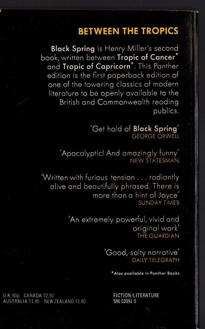 Henry Miller  BLACK SPRING magnified rear book cover image