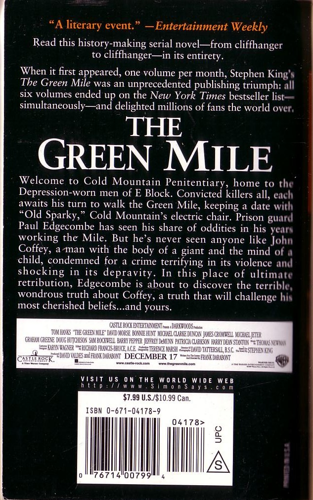 Stephen King  THE GREEN MILE (Tom Hanks) magnified rear book cover image