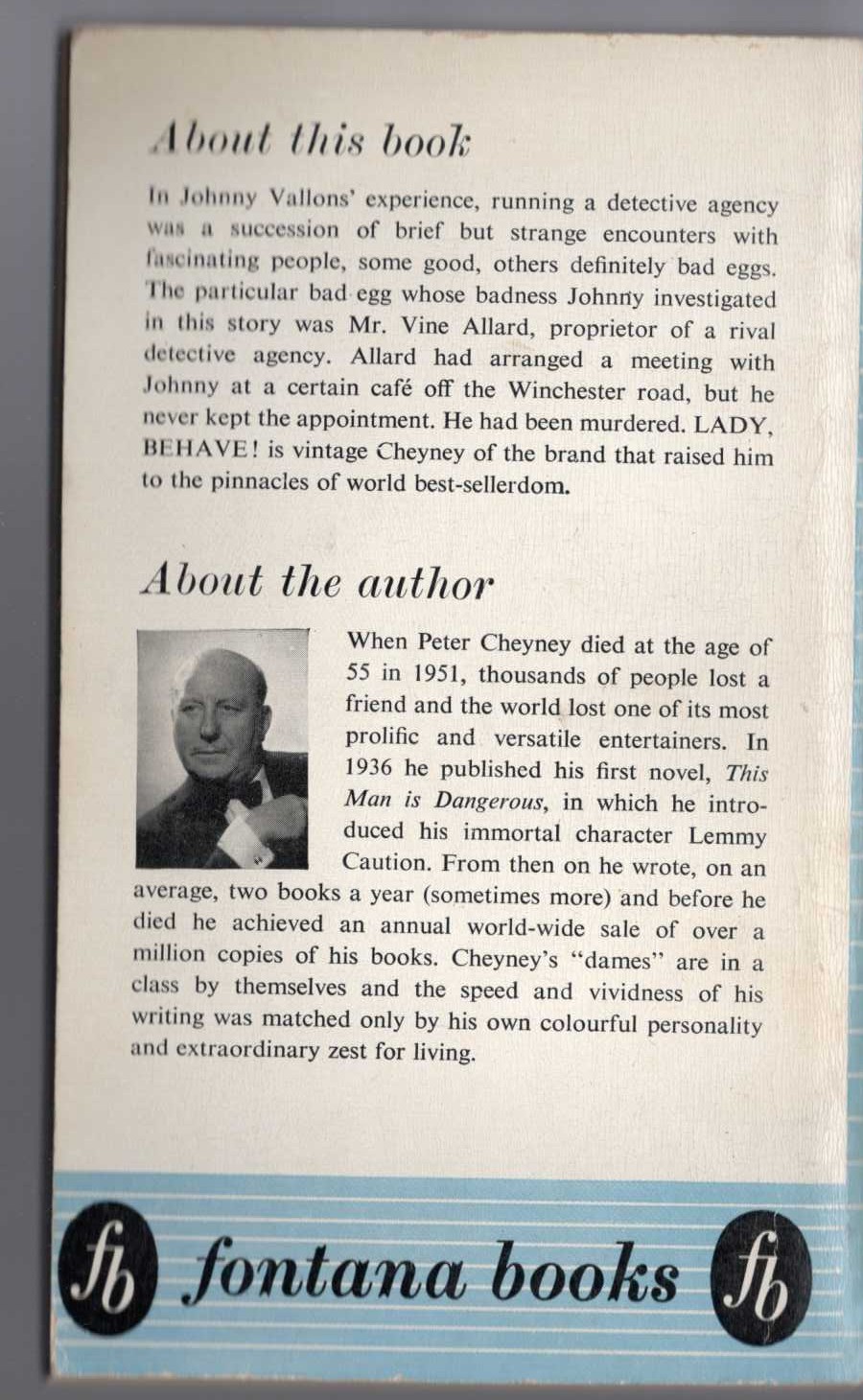 Peter Cheyney  LADY, BEHAVE! magnified rear book cover image