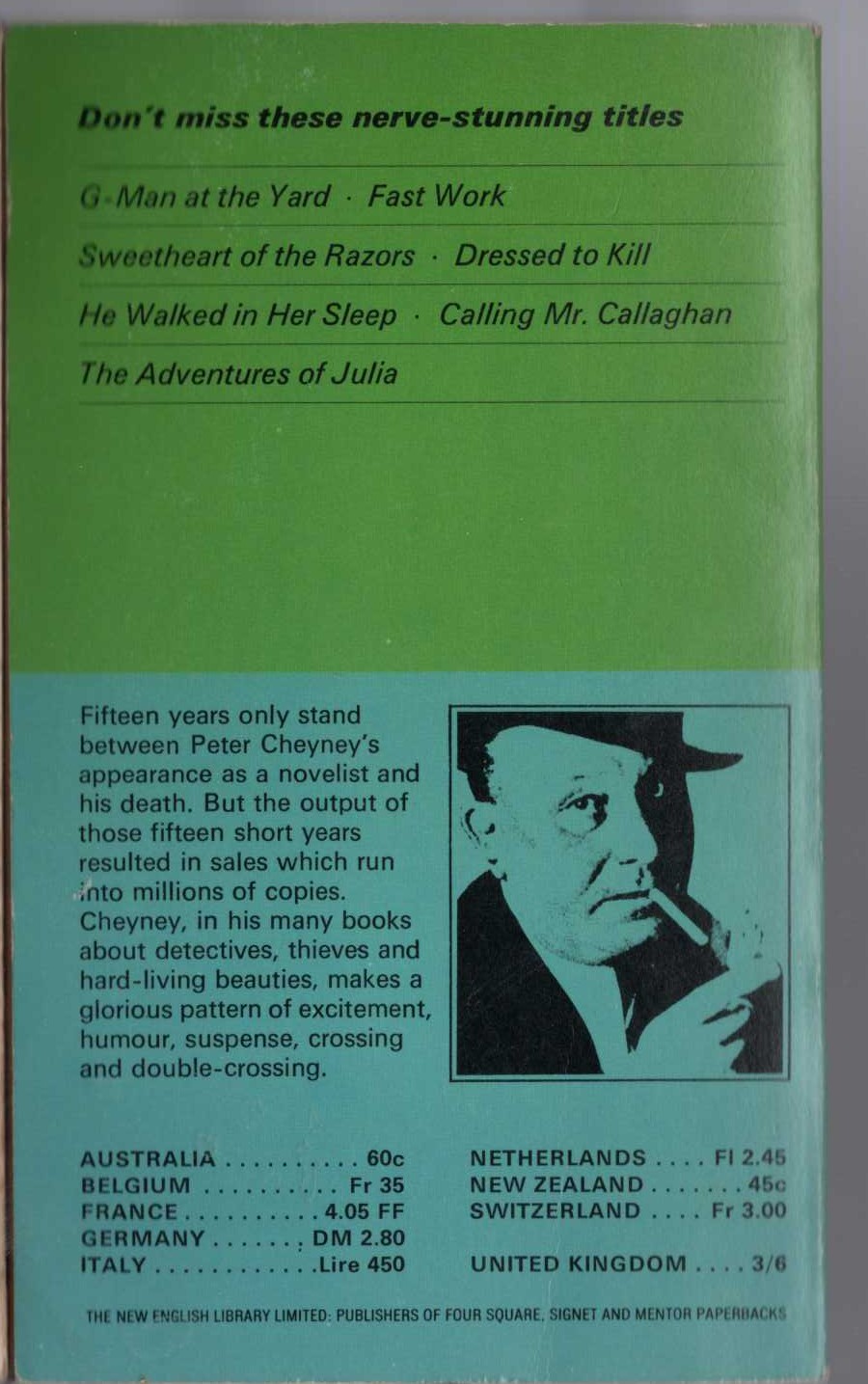 Peter Cheyney  SWEETHEART OF THE RAZORS magnified rear book cover image