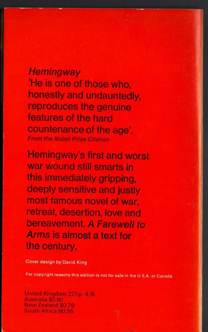 Ernest Hemingway  A FAREWELL TO ARMS magnified rear book cover image