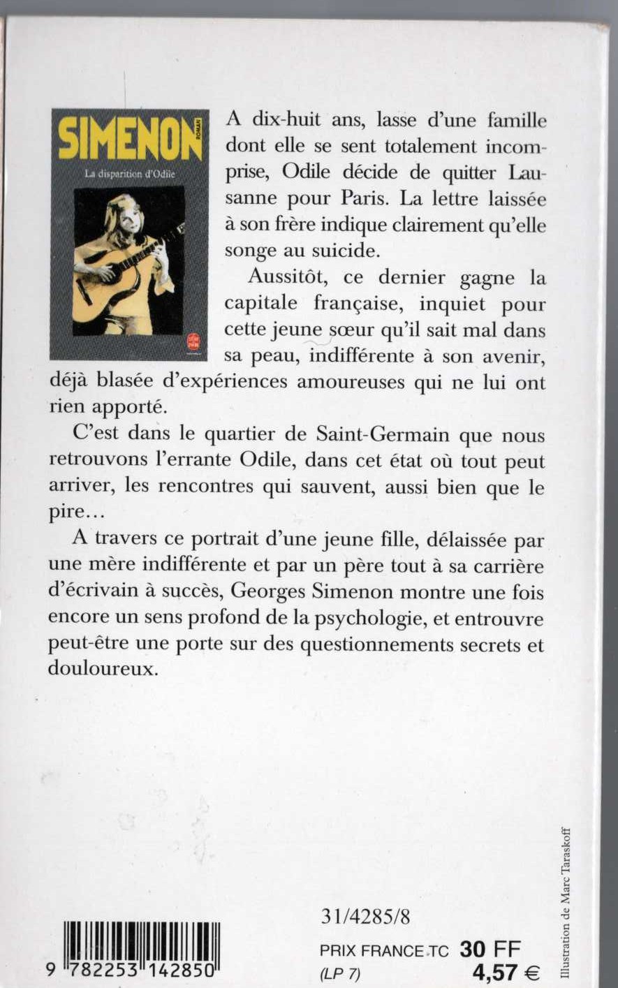 Georges Simenon  LA DISPARITTION D'ODILE magnified rear book cover image