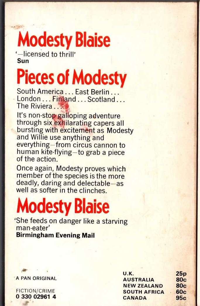 Peter O'Donnell  PIECES OF MODESTY magnified rear book cover image