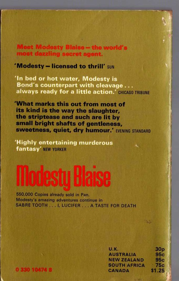 Peter O'Donnell  MODESTY BLAISE magnified rear book cover image
