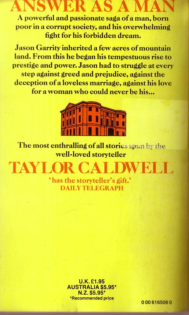 Taylor Caldwell  ANSWER AS A MAN magnified rear book cover image